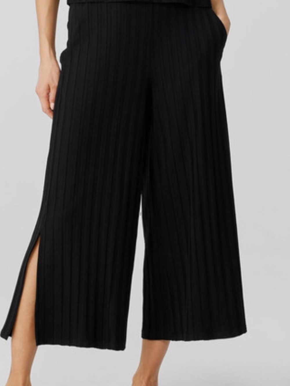 Eileen Fisher Black Ribbed Wide-Leg Cropped Pants with Side Slits NWOT Size M - Picture 14 of 14